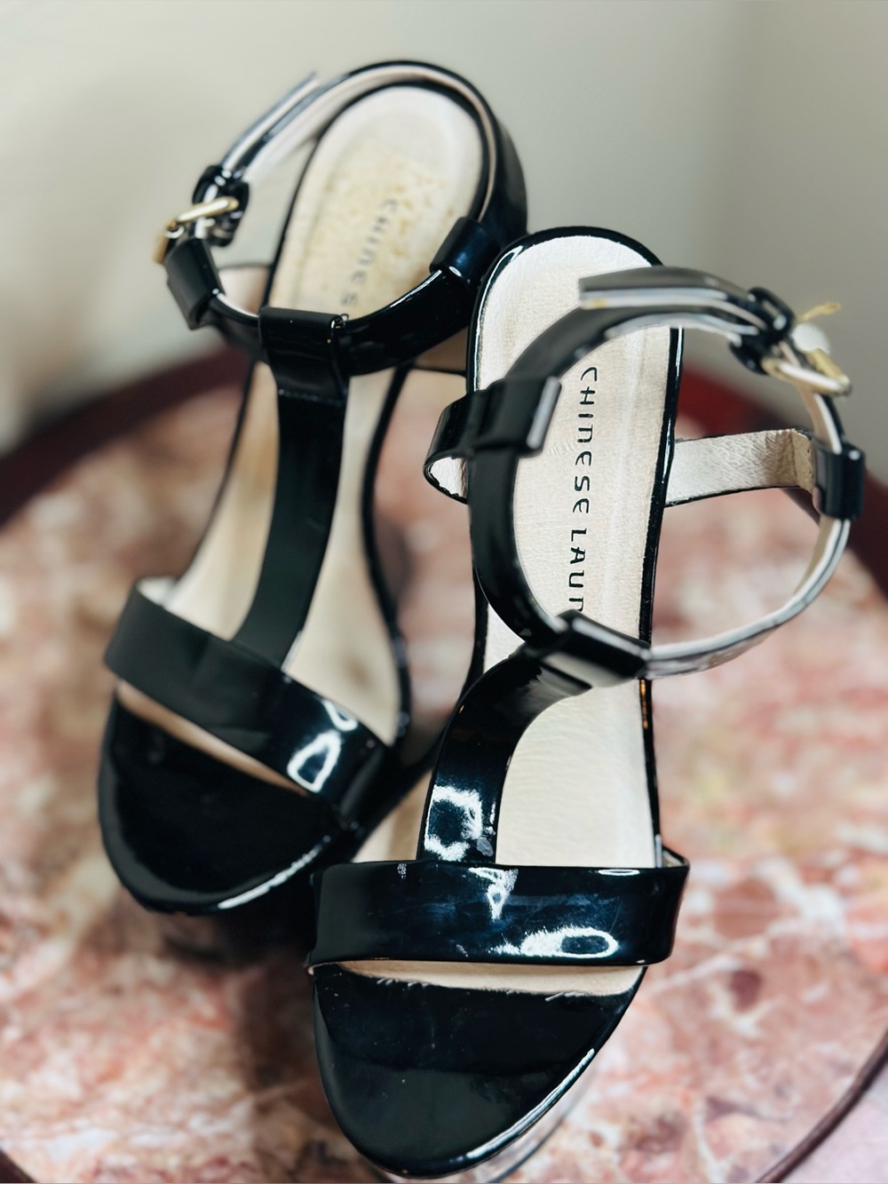 Chinese Laundry Shiny Black Patent Platform T-Strap Heels